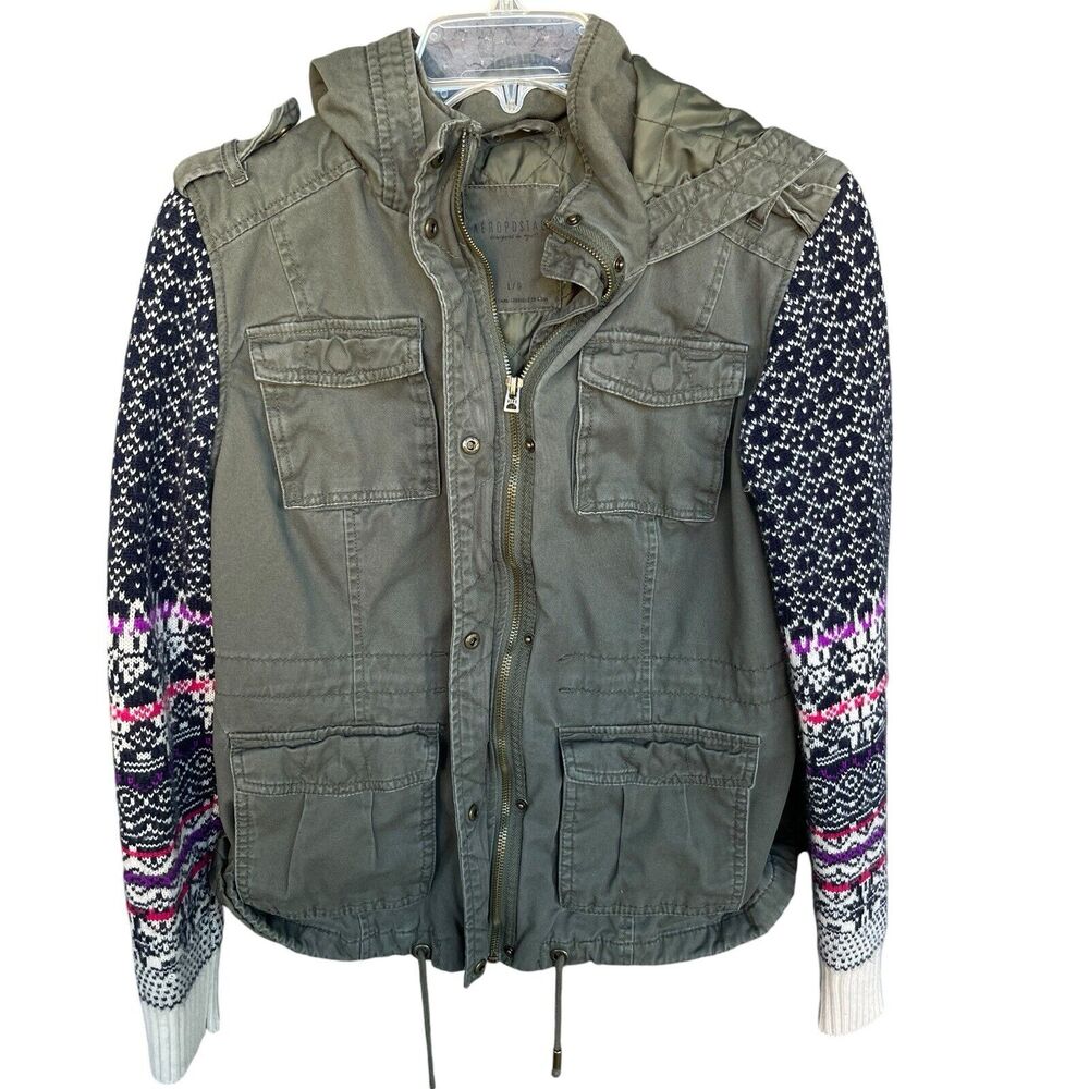 Aeropostale Mixed Media Jacket Womens Large Full Zip Military Utility Green Hood
